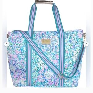 Lilly Pulitzer Aqua Floral Tote with Pink & Teal Striped Strap